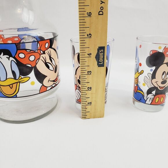 Disney Mickey Minnie Donald Anchor Hocking Glass Juice Pitcher Jug & 4 Cups VNTG - Picture 4 of 9